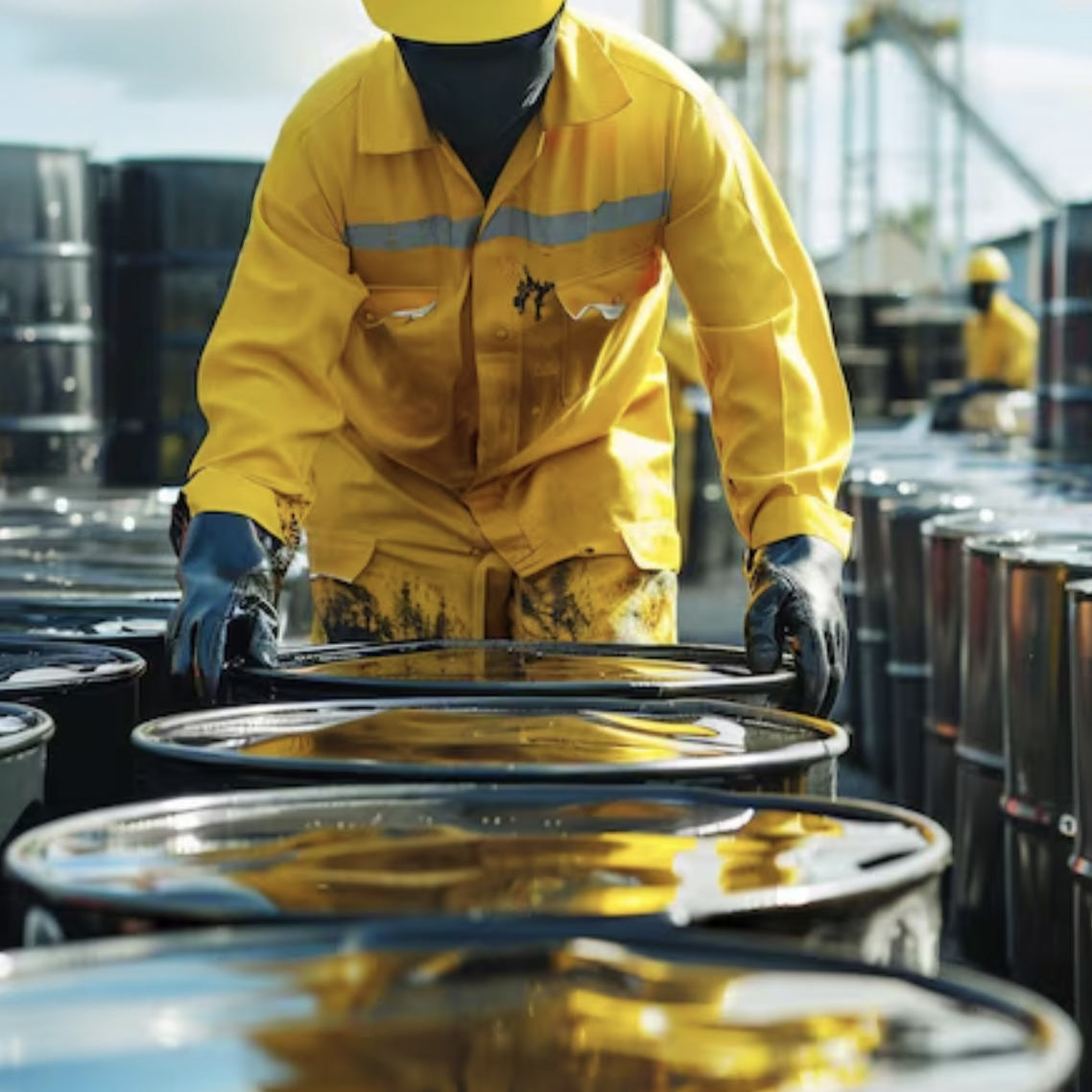 Worker handling oil barrels